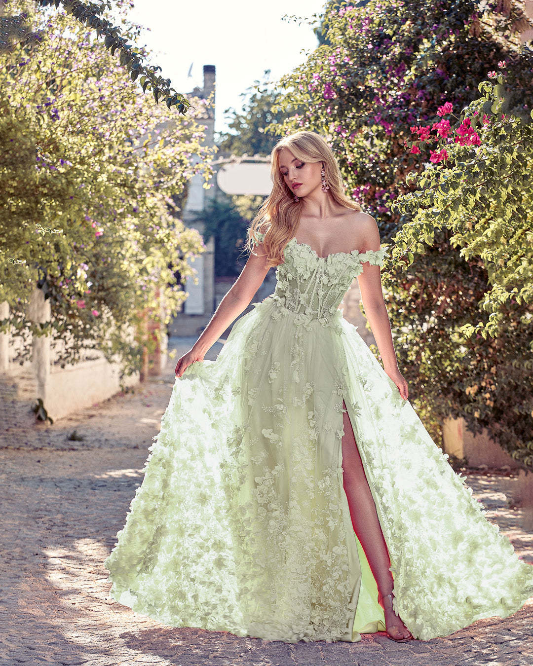 Sweetheart Embroidery Tea-Length Tulle Puff Sleeves Floral Corset green Prom Dress