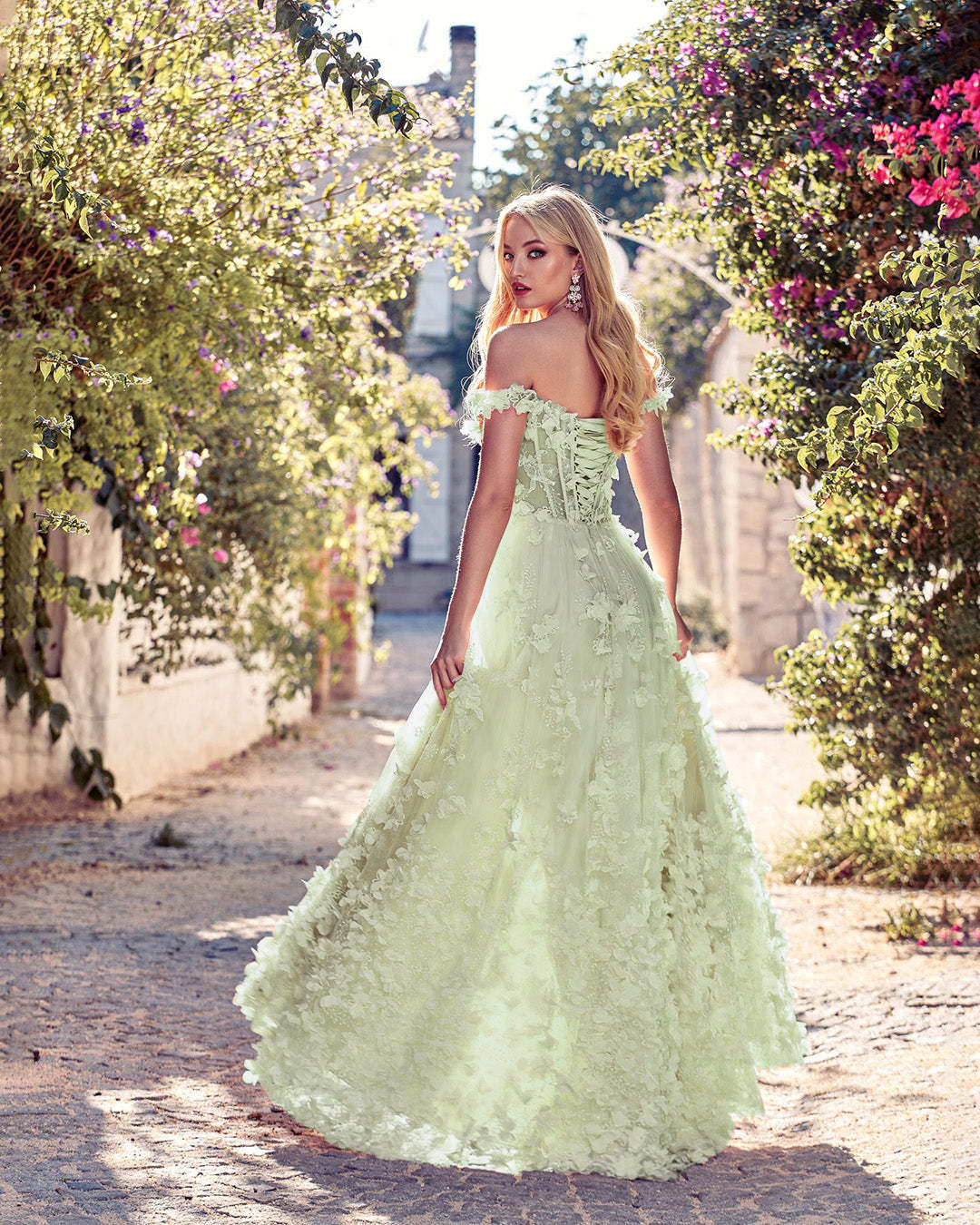 Sweetheart Embroidery Tea-Length Tulle Puff Sleeves Floral Corset green Prom Dress