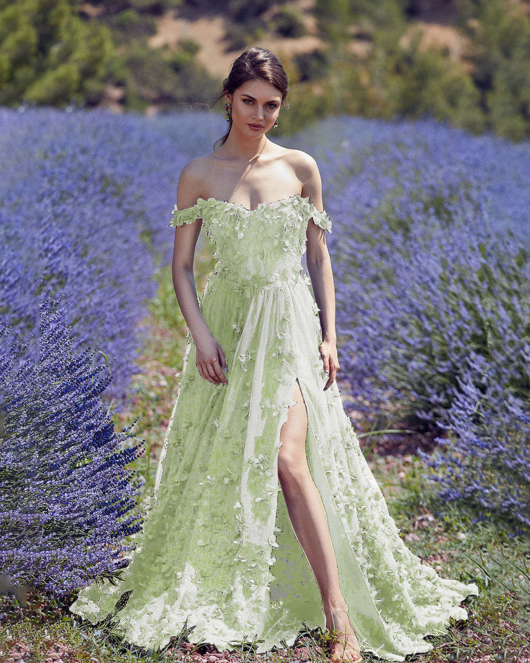 Sweetheart Embroidery Tea-Length Tulle Puff Sleeves Floral Corset green Prom Dress