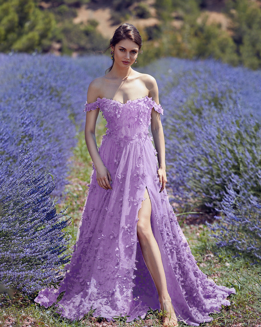 Sweetheart Embroidery Tea-Length Tulle Puff Sleeves Floral Corset purple Prom Dress