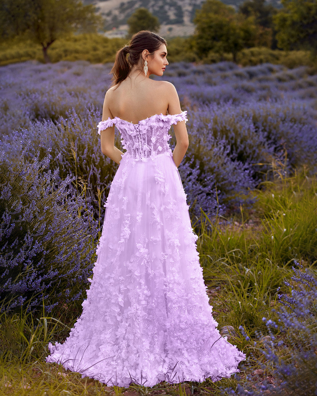 Sweetheart Embroidery Tea-Length Tulle Puff Sleeves Floral Corset purple Prom Dress