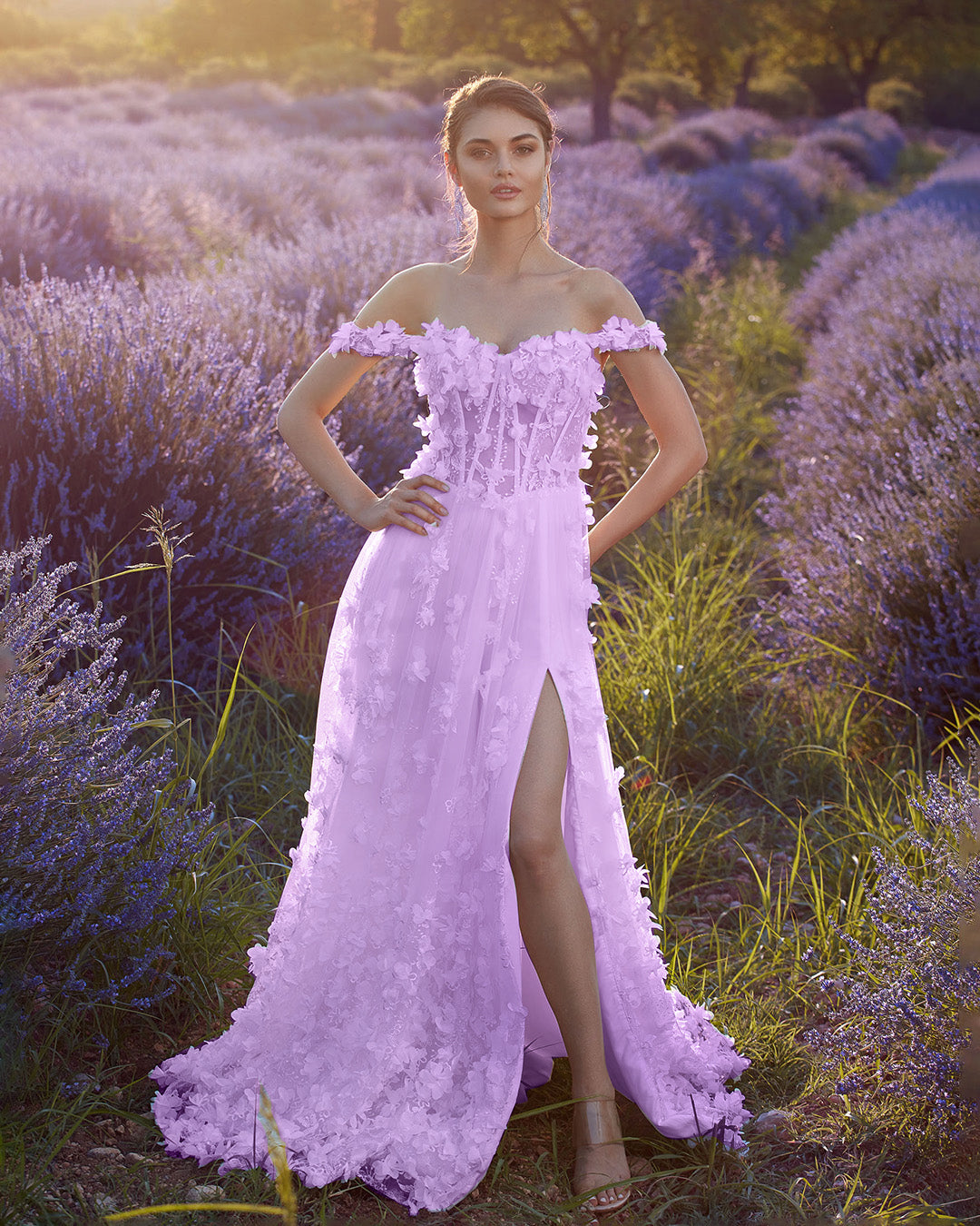 Sweetheart Embroidery Tea-Length Tulle Puff Sleeves Floral Corset purple Prom Dress