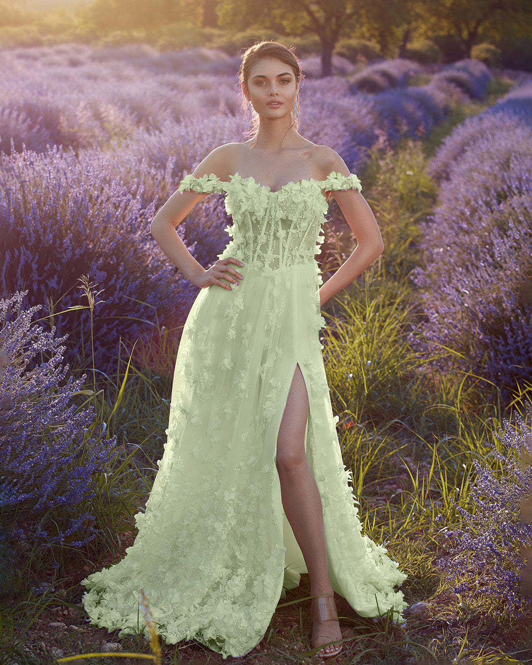 Sweetheart Embroidery Tea-Length Tulle Puff Sleeves Floral Corset green Prom Dress