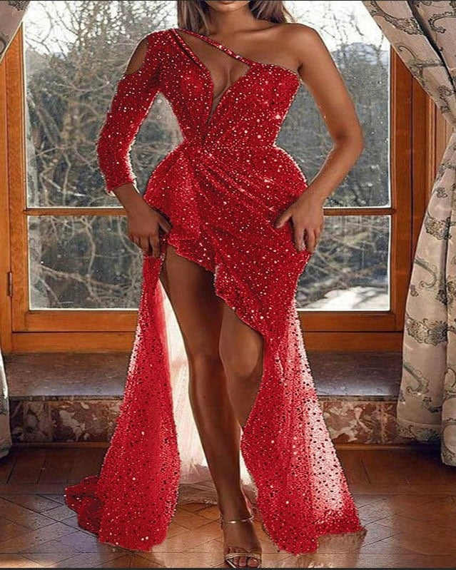 Sheath/Column One-Shoulder Floor-length Long Prom Dresses With Sequins
