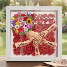 "Mixed Bouquet"-Personalized Mom Holding Hands Flower Shadow Box-Mother's Day Remembrance Frame, In Loving Memory Gift