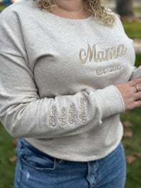 Custom Mama Embroidered Sweatshirt – Personalized Kids Names Sleeve & Est. Year Crewneck