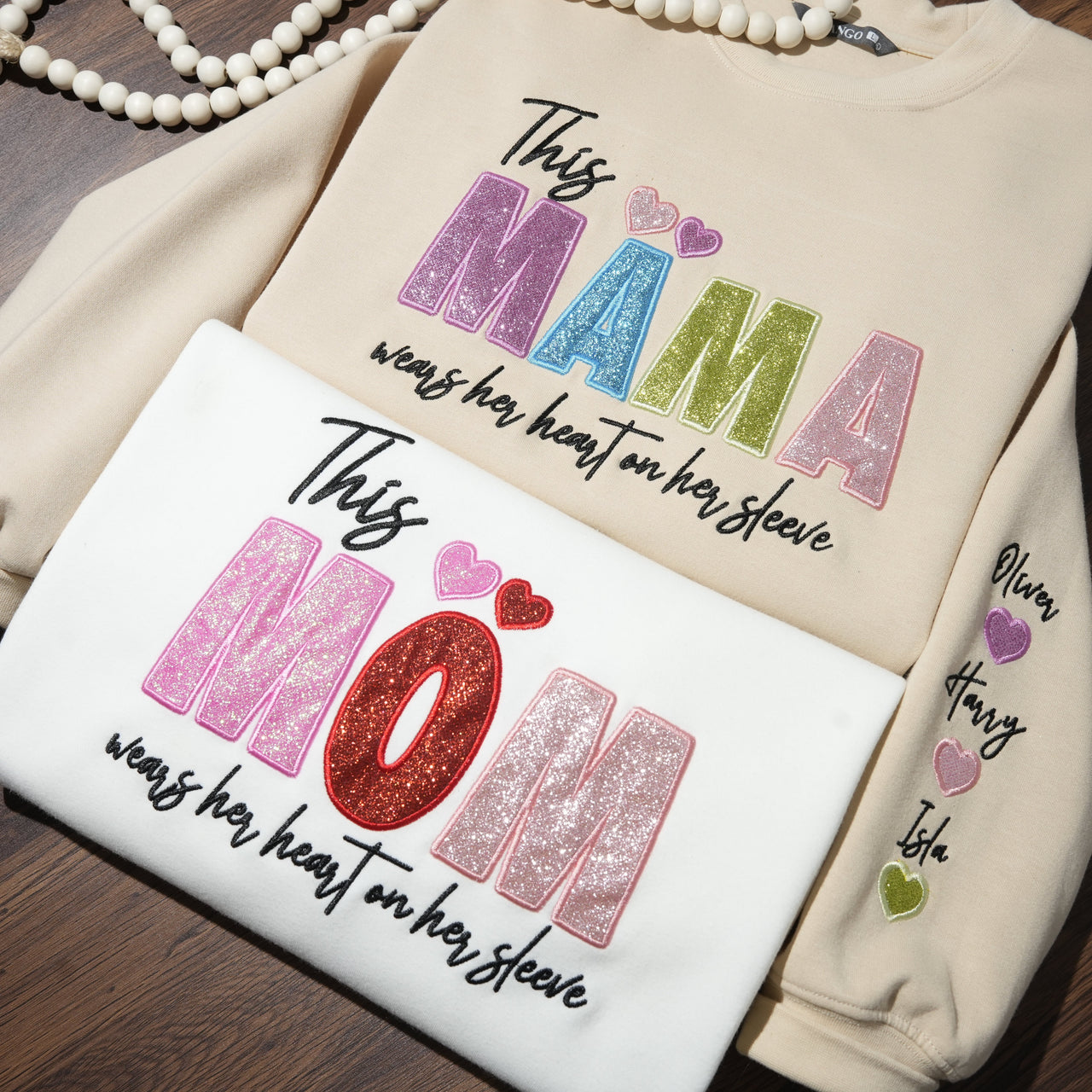 Custom Mama/Mom "Wear Heart on Her Sleeve" Sequin Sweatshirt with Kids' Names | Mother's Day Gifts