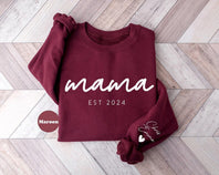 Personalized Mom and Est. Date Heat Transfer Print Sweatshirt with Kids Name on Sleeve | Mother's Day Gift