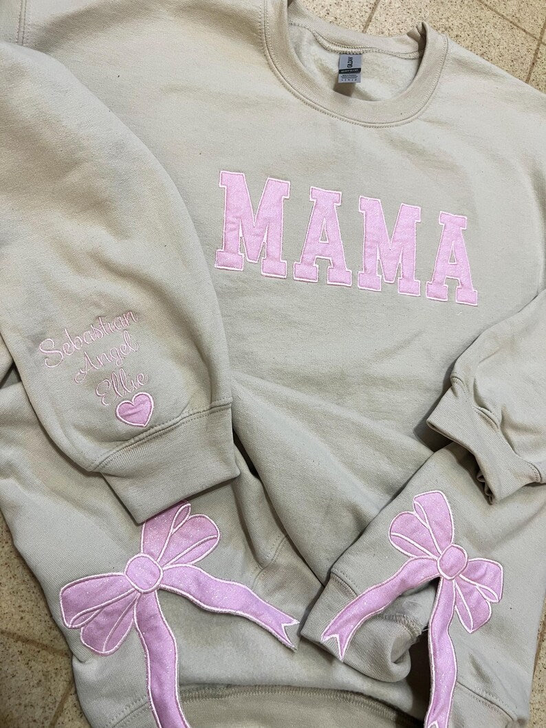 Custom Trendy and Cute Mama Embroidered Glitter Side Bow Sweatshirt | Mother's Day Gift