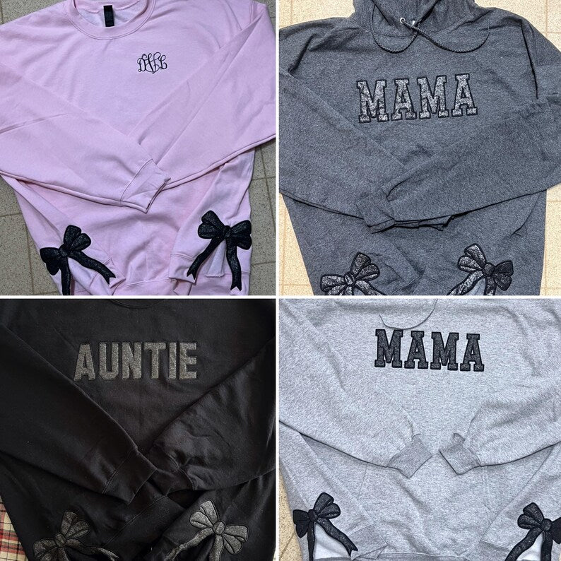 Custom Trendy and Cute Mama Embroidered Glitter Side Bow Sweatshirt | Mother's Day Gift