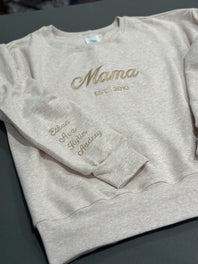Custom Mama Embroidered Sweatshirt – Personalized Kids Names Sleeve & Est. Year Crewneck
