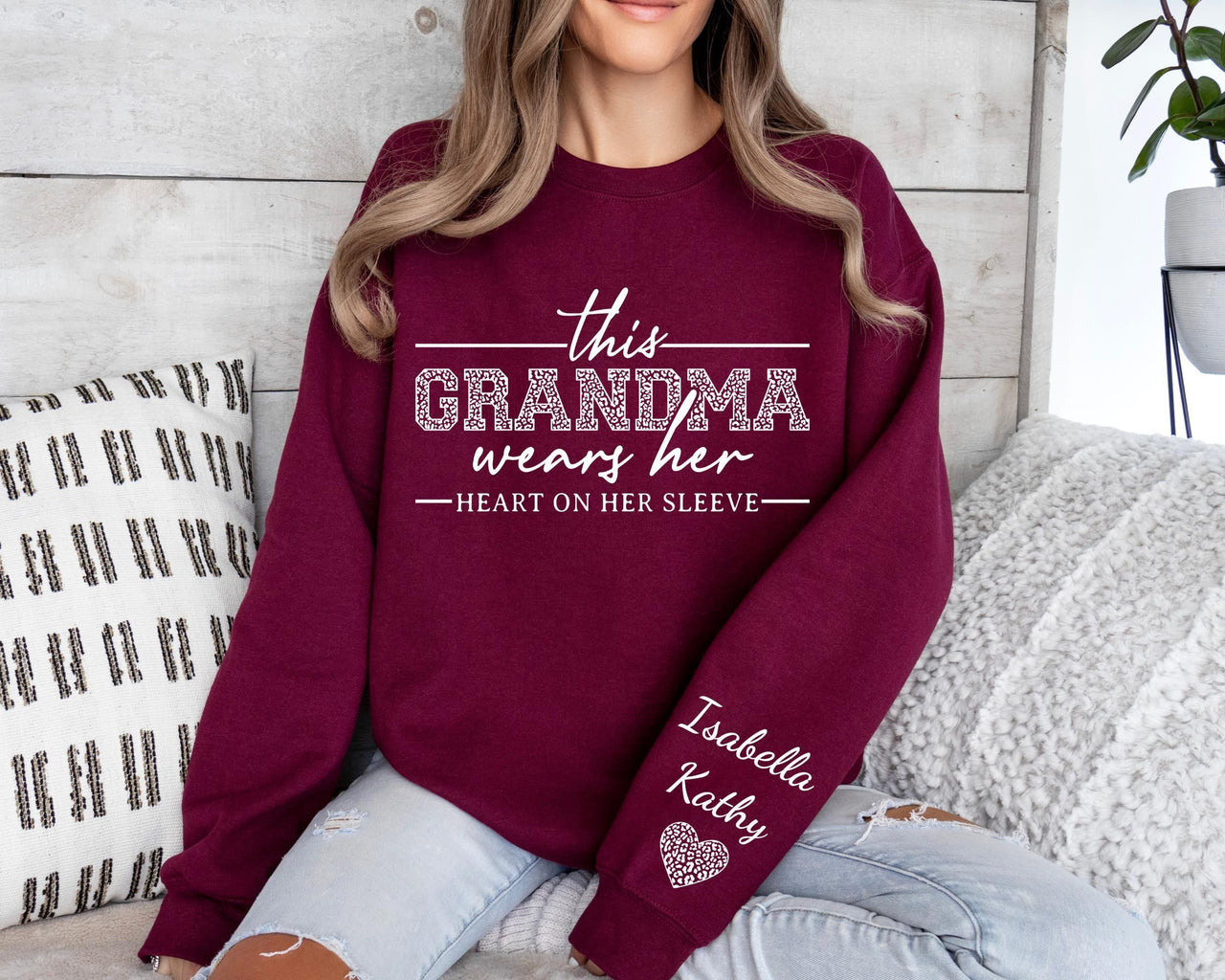 This Grandma Wears Her Heart On Her Sleeve-Custom Sweatshirt With Kids Name