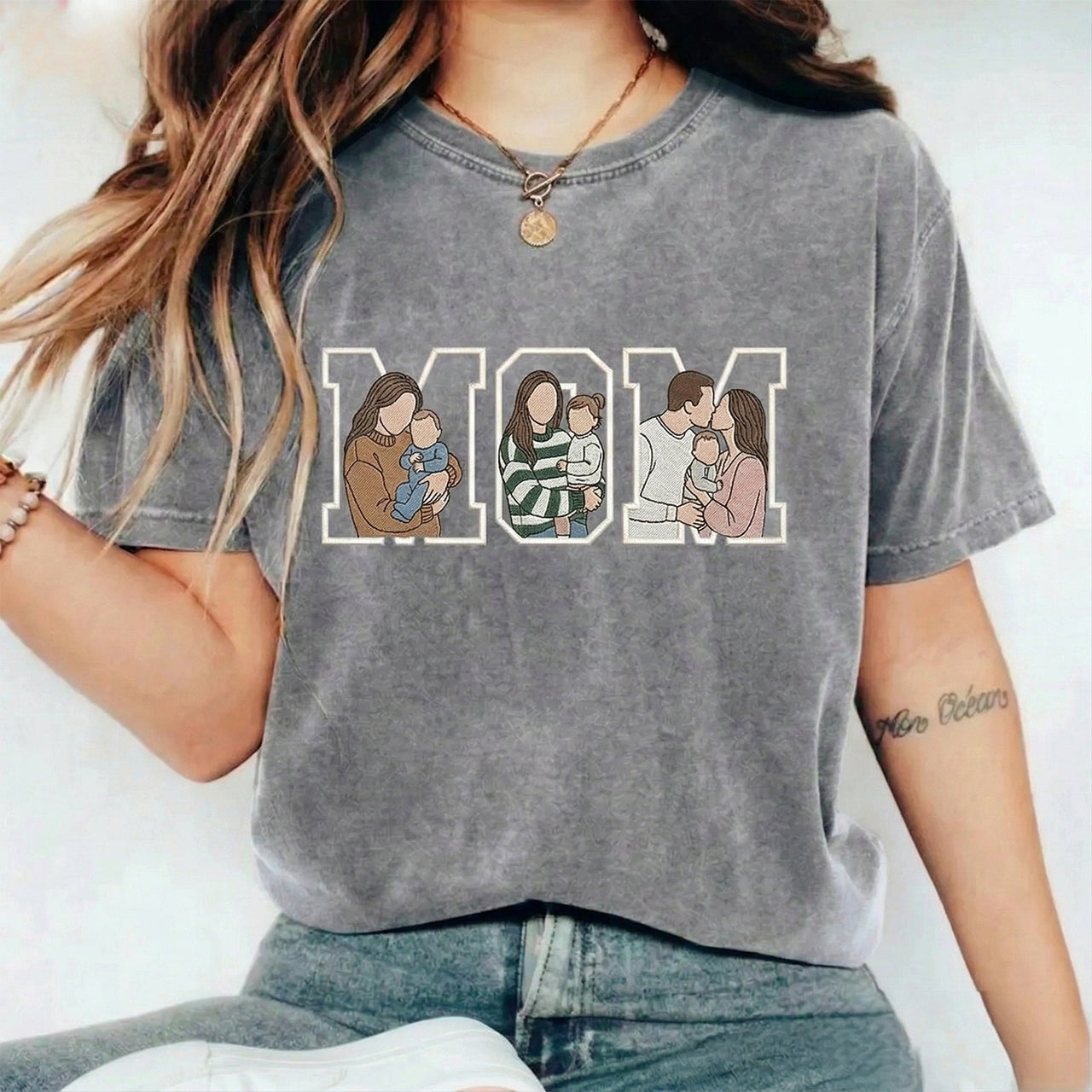Custom Photo Portrait Embroidery Washed Sweatshirt, Gift For Mum/Family
