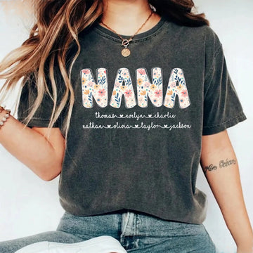 Personalized Nana Vintage Washed Sweatshirt with Grandkids' Names - Floral Grandma Gift
