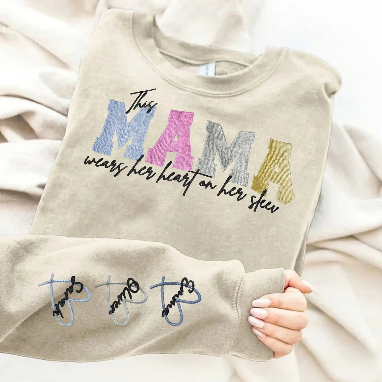 Custom Embroidered Heart on Sleeve Personalized Mommy/Grandma Washed Sweatshirt | Mother's Day Gift for Mom & Grandma