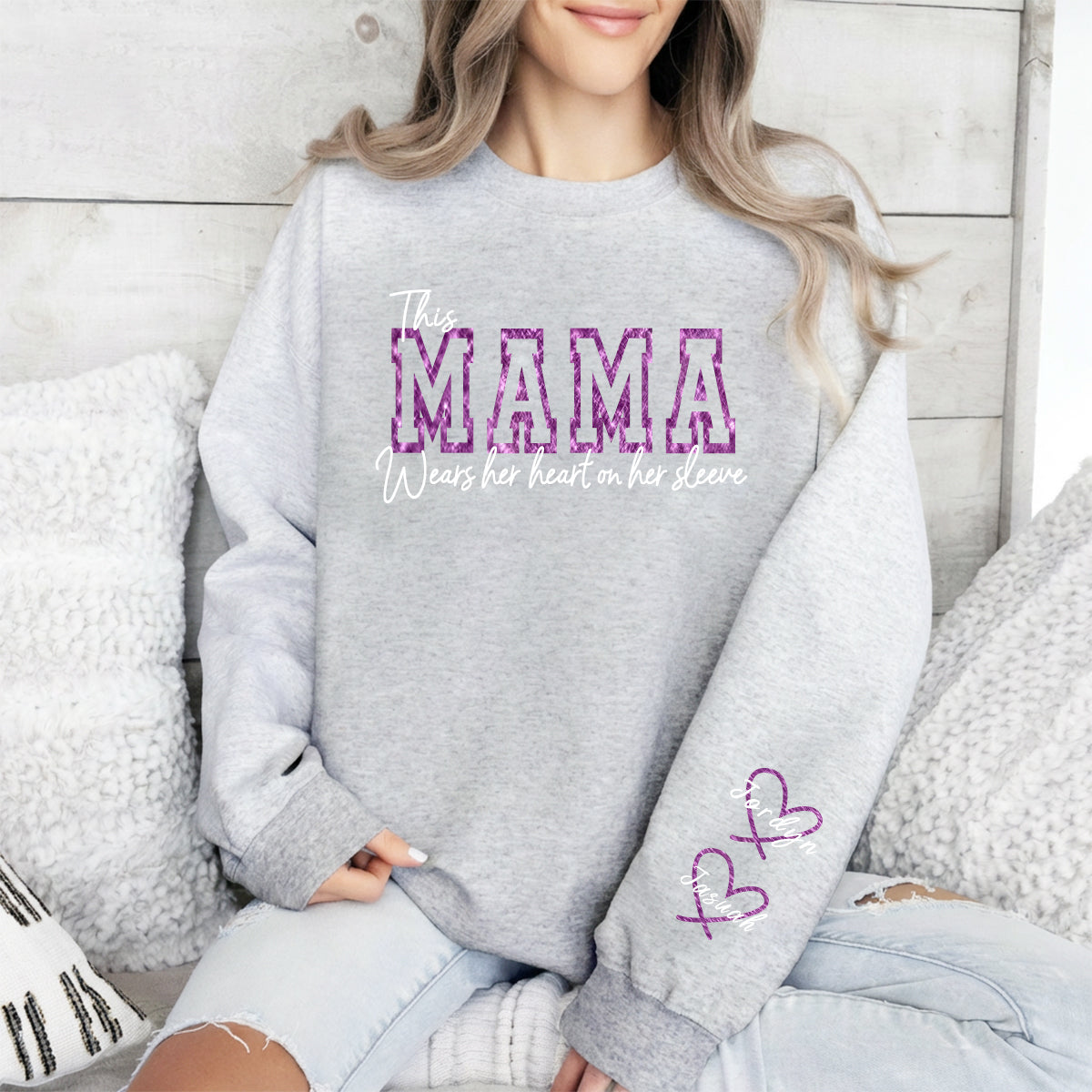 Wear Your Heart on Your Sleeve – Personalized Glitter Mama Sweatshirt with Kids’ Names | for Mom Mother's Day Gift