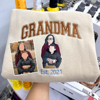 Personalized Family Portrait Embroidered Grandma Crewneck Holiday Sweatshirt Gift for Parents