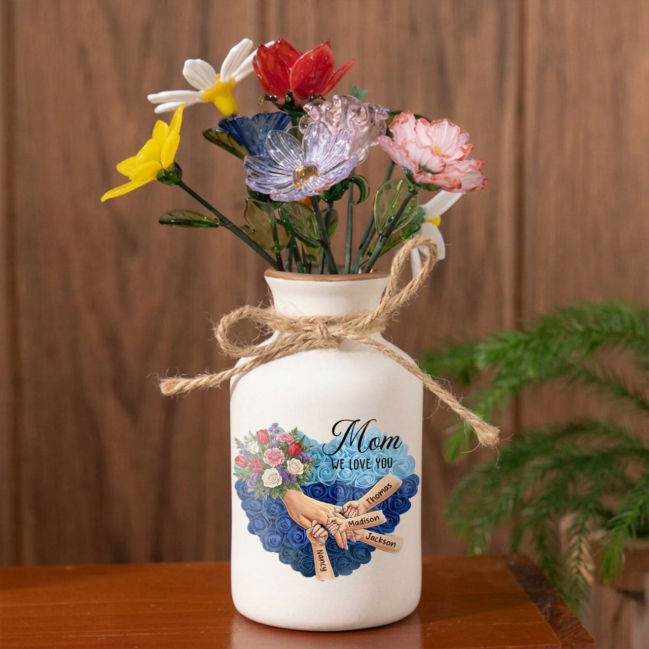 Personalized "Tulips, White Roses, and Carnations" Vase-Personalized Mom Holding Hands|Best Mother's Day Gift– Timeless Gift for Every Home