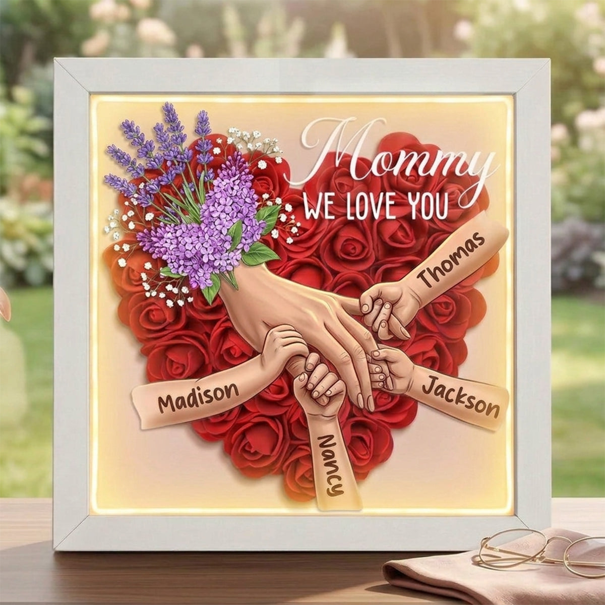 "Lavender"-Personalized Mom Holding Hands Flower Shadow Box-Mother's Day Remembrance Frame, In Loving Memory Gift