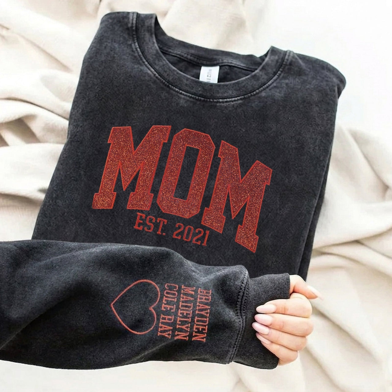 Custom Embroidered Applique Glitter Mama Washed Sweatshirt - Gift for Mom