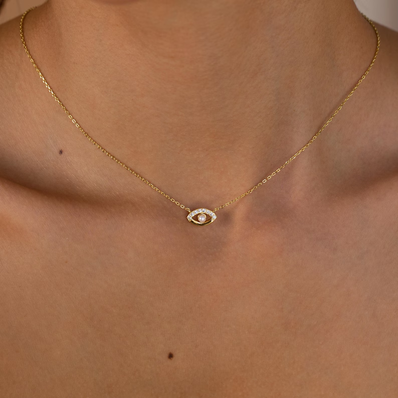 14K Gold Evil Eye Necklace, Evil Eye Silver, Evil Eye Jewelry, Dainty Cute Necklace, Evil Eye Pendant