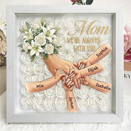 "We're Always With You"-White Lily & White Rose-Personalized Mom Holding Hands Memorial Shadow Box-Mother's Day Remembrance Frame, In Loving Memory Gift