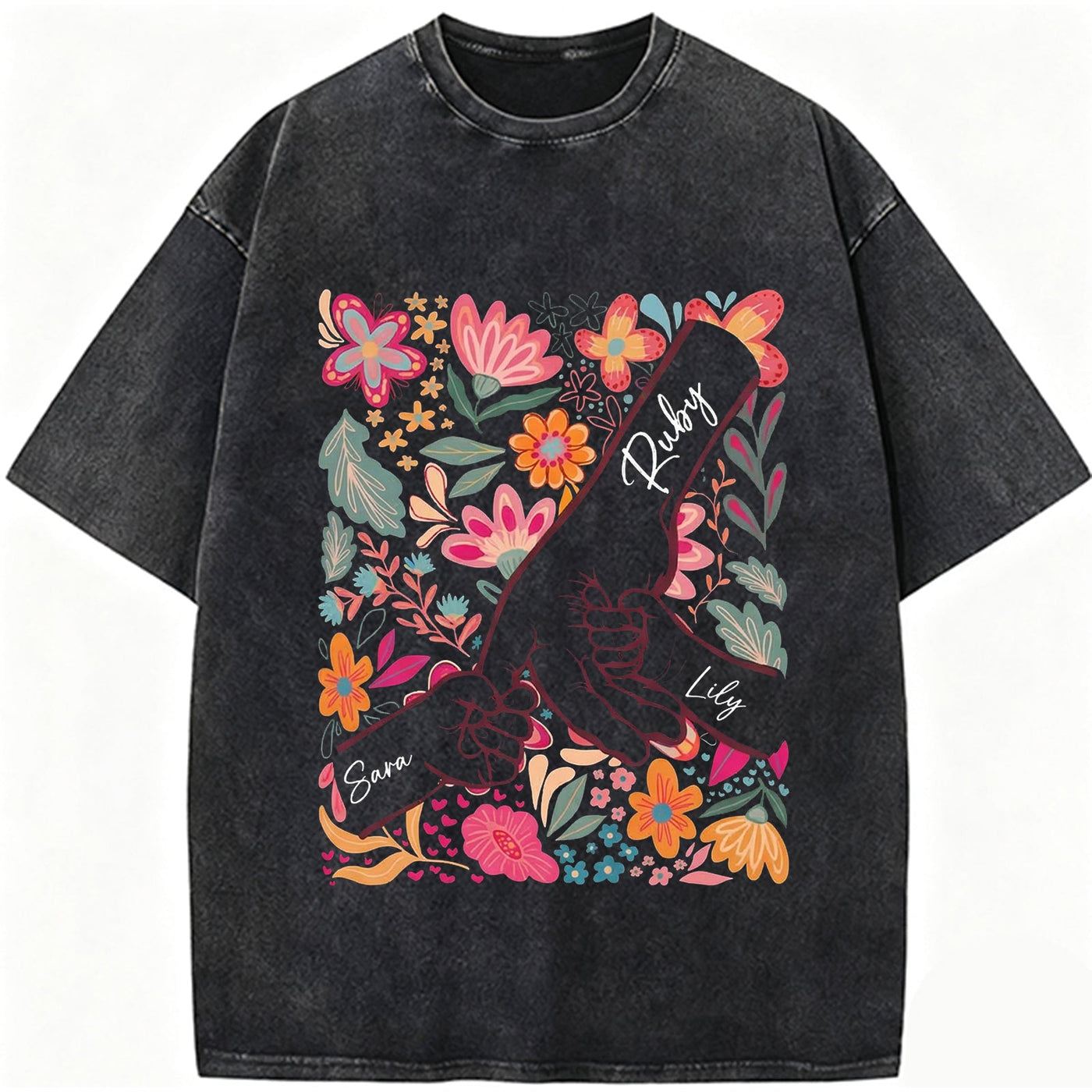 Custom Mom Kids Washed T-shirt – Pinky Promise Floral Design | Personalized Family Love Tee for Mom