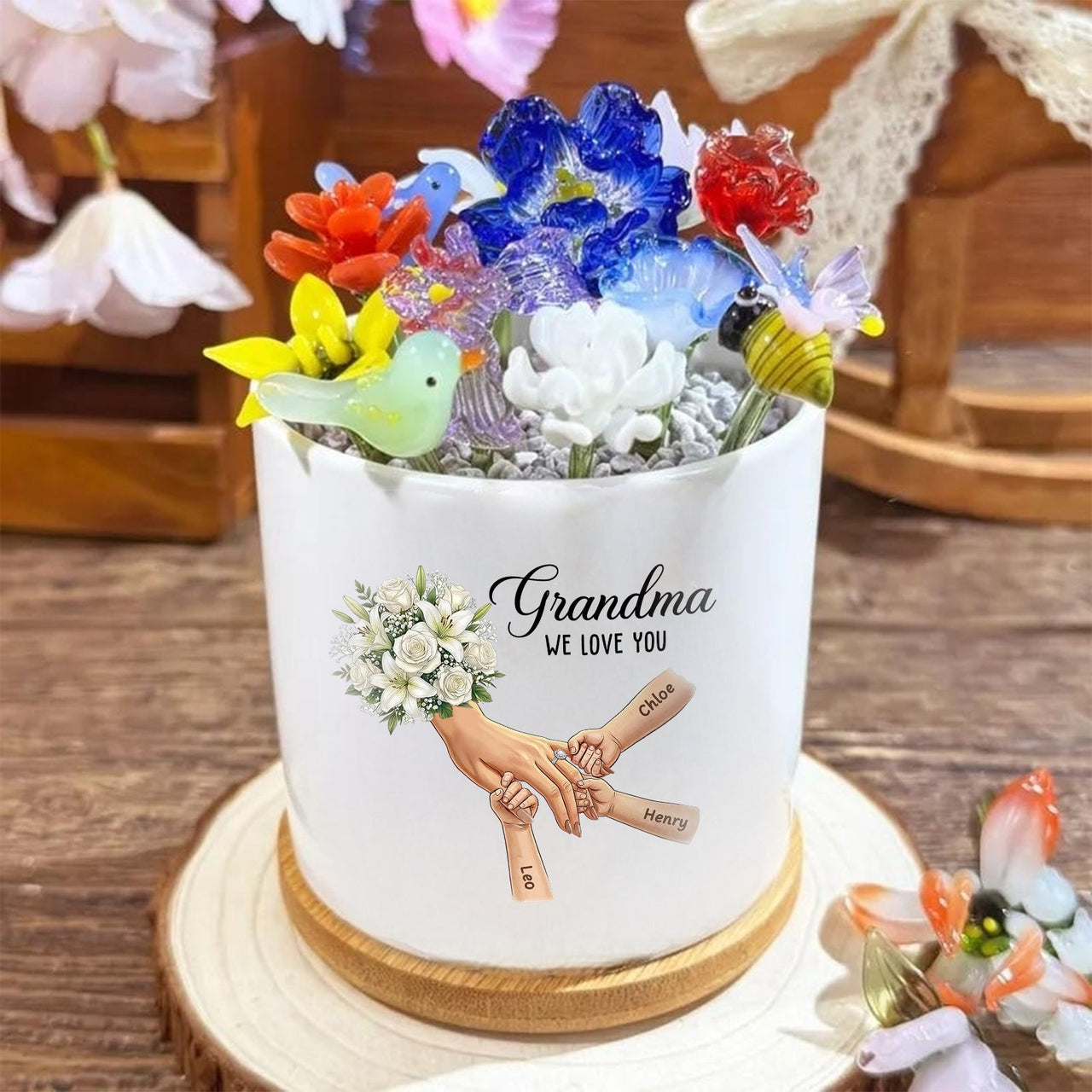 Personalized White Lily & White Rose Plant Pot-Personalized Mom Holding Hands|Best Mother's Day Gift– Timeless Gift for Every Home