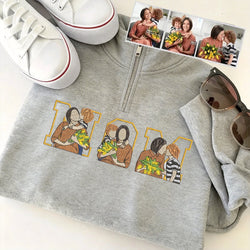 Custom Photo Portrait Embroidery Quarter Zip Sweatshirt, Gift For Mom/Mama/Family
