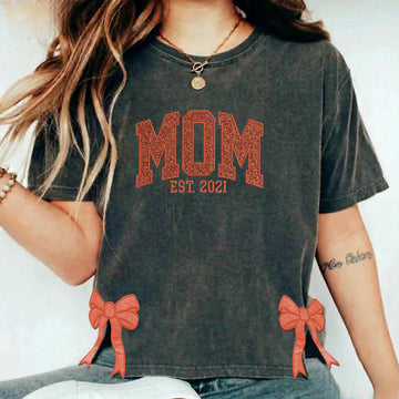 Custom Trendy and Cute Mama Embroidered Glitter Side Bow Washed Sweatshirt | Mother's Day Gift