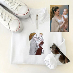 Custom Family Portrait From Photo Embroidered Quarter Zip Sweatshirt | Mother's Day Gift