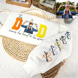 Custom Embroidered DAD Portrait Sweatshirt with Heart on Sleeve Fathers Day Gift for Dad