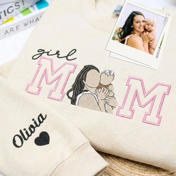 Custom Girl Mom with Embroidered Portrait from Photo and Kids Name Sweatshirt | Mother's Day Gift