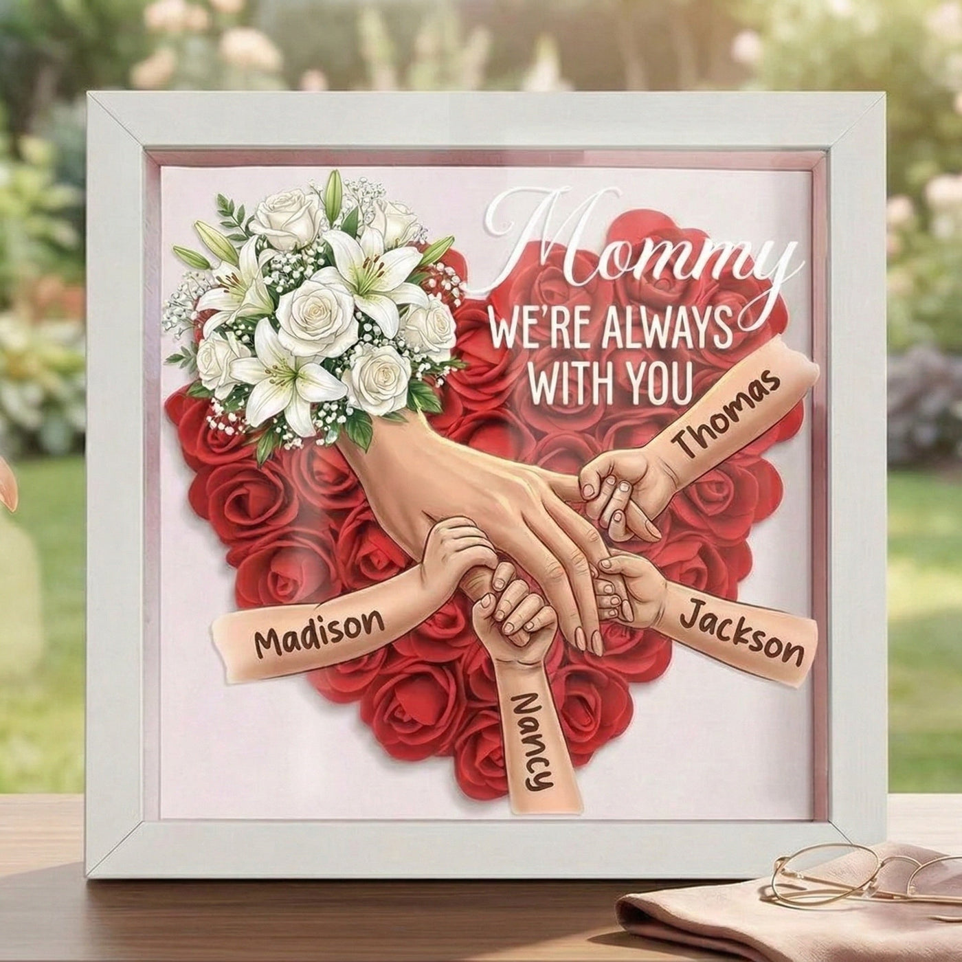 "We're Always With You"-White Lily & White Rose-Personalized Mom Holding Hands Memorial Shadow Box-Mother's Day Remembrance Frame, In Loving Memory Gift