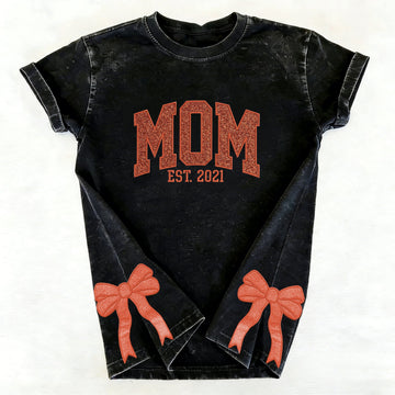 Custom Trendy and Cute Mama Embroidered Glitter Side Bow Washed Sweatshirt | Mother's Day Gift