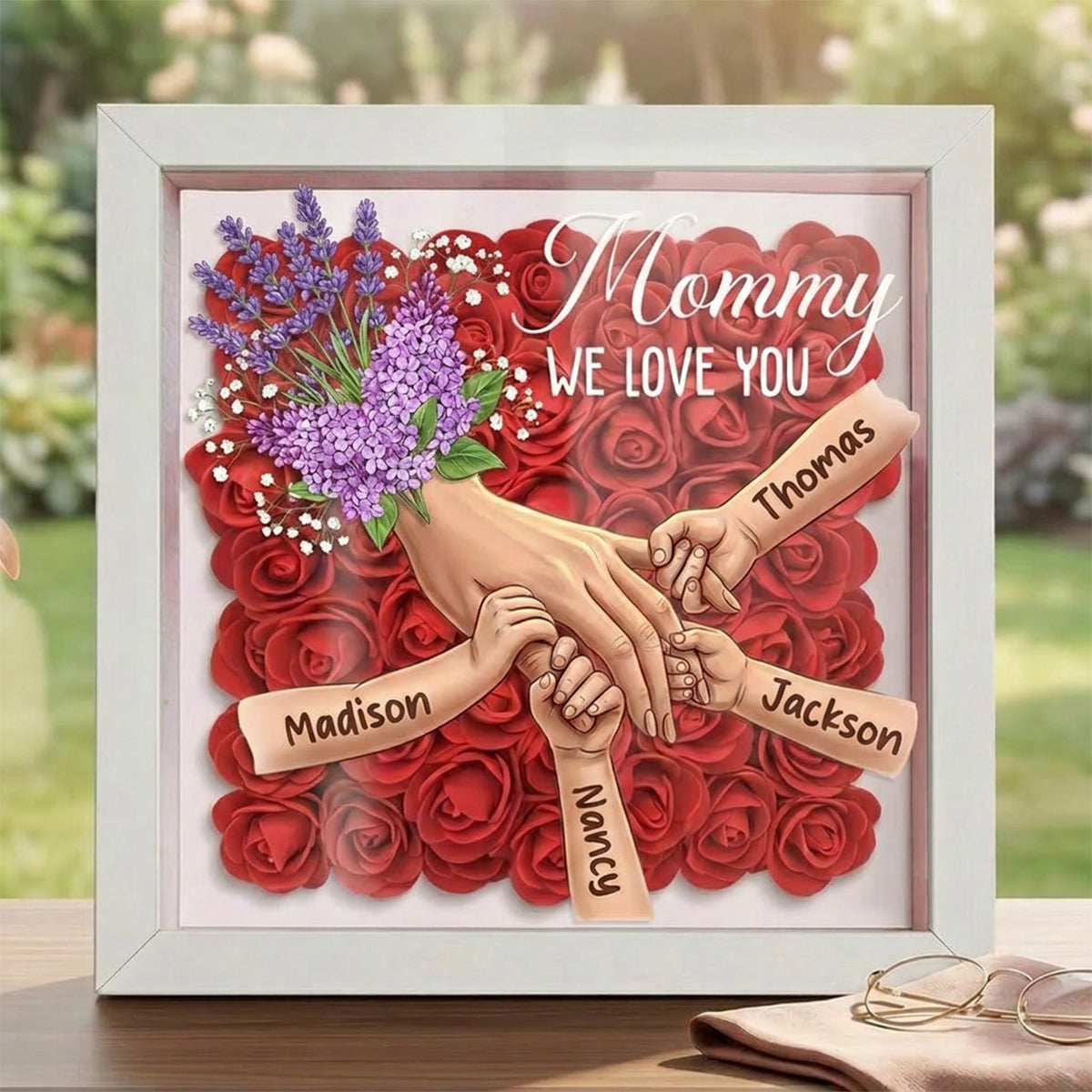 "Lavender"-Personalized Mom Holding Hands Flower Shadow Box-Mother's Day Remembrance Frame, In Loving Memory Gift