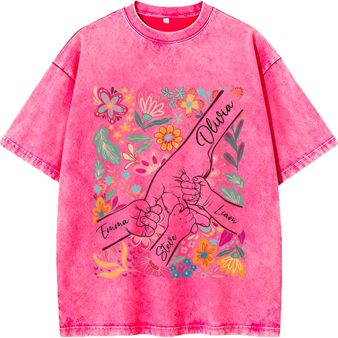 Custom Mom Kids Washed T-shirt – Pinky Promise Floral Design | Personalized Family Love Tee for Mom