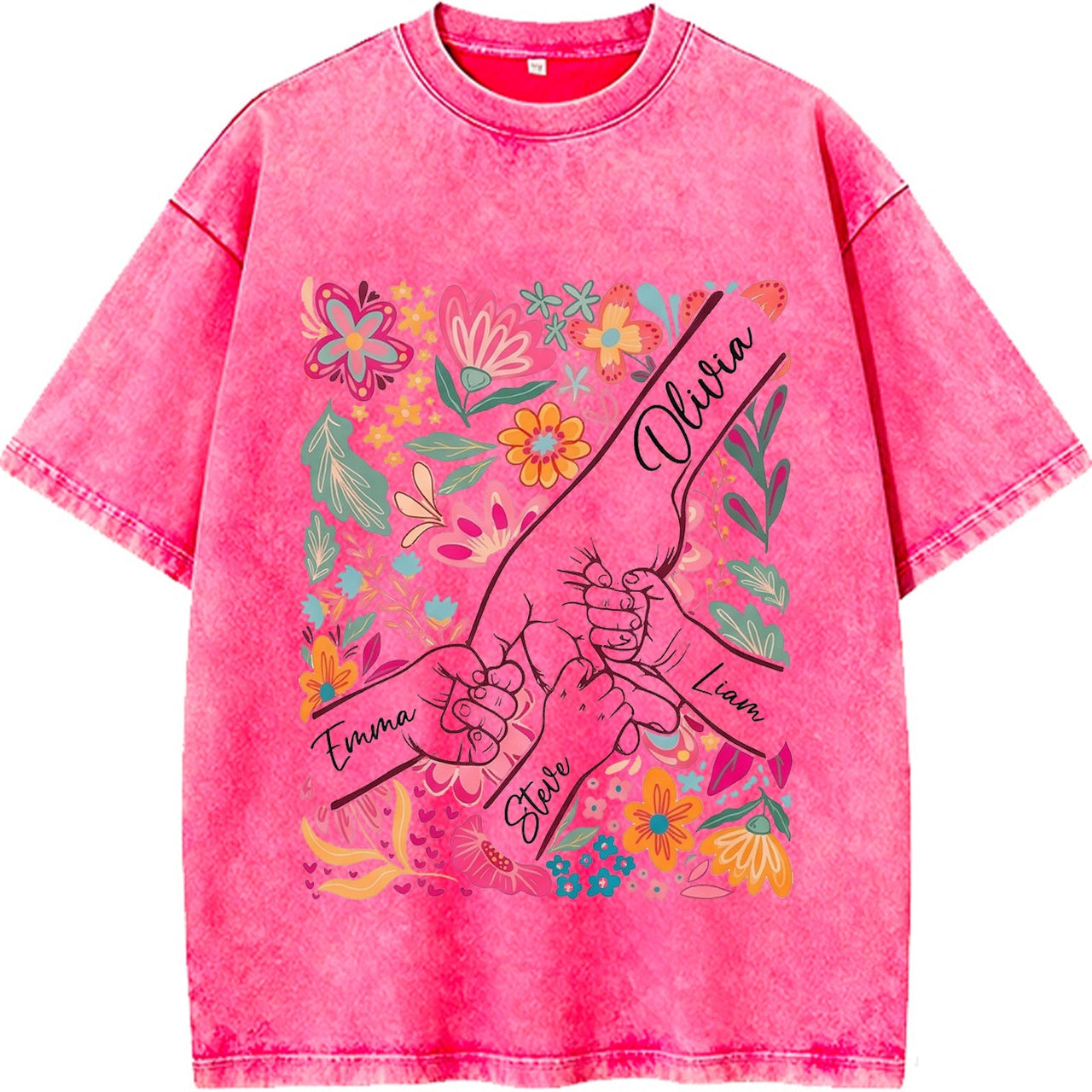Custom Mom Kids Washed T-shirt – Pinky Promise Floral Design | Personalized Family Love Tee for Mom