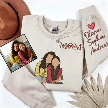 Personalized Photo Custom Embroidered Kids Names Sweatshirt for Mother’s Day Gift