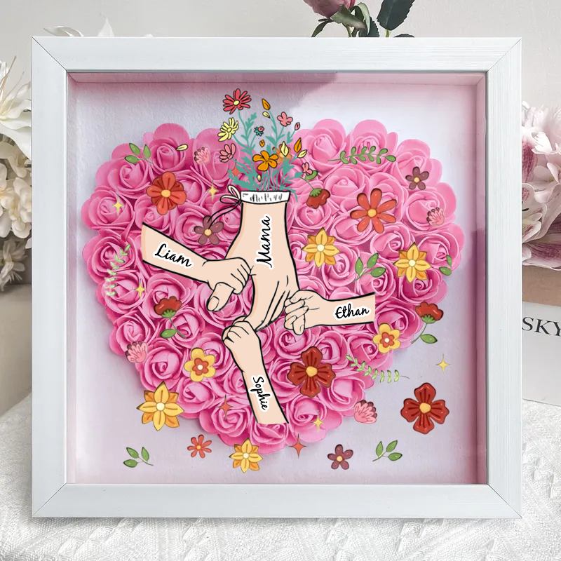 Personalized Flower Shadow Box, hand holding with many flowers- Mother's Day Gift