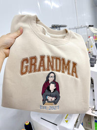 Personalized Family Portrait Embroidered Grandma Crewneck Holiday Sweatshirt Gift for Parents