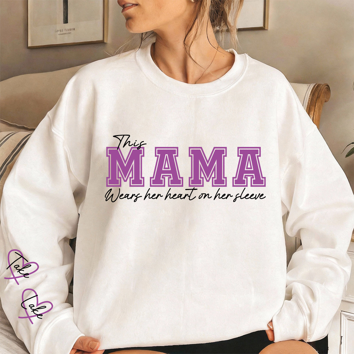 This Mama Wears Her Heart on Her Sleeve – Personalized Print Mama Sweatshirt with Kids’ Names | for Mom Mother's Day Gift