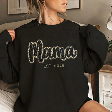 Custom Leopard Glitter MAMA Sweater Hoodie with Embroidery Gift for Mom