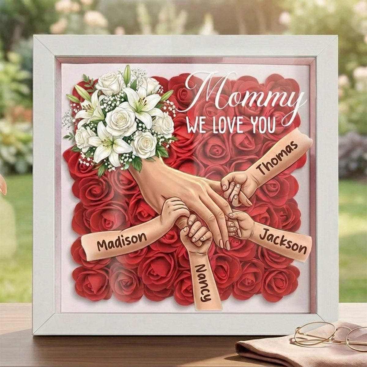 "We're Always With You"-White Lily & White Rose-Personalized Mom Holding Hands Memorial Shadow Box-Mother's Day Remembrance Frame, In Loving Memory Gift