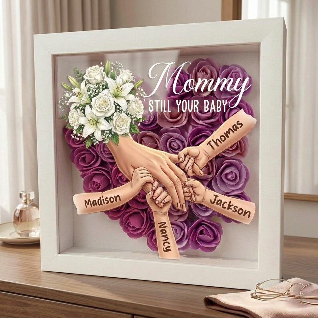 "We're Always With You"-White Lily & White Rose-Personalized Mom Holding Hands Memorial Shadow Box-Mother's Day Remembrance Frame, In Loving Memory Gift