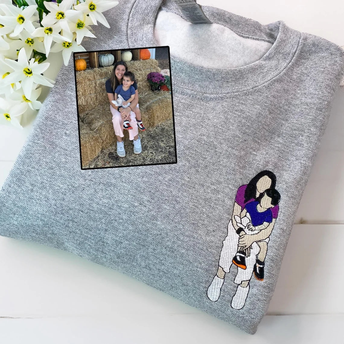 Custom Embroidered Photo Portrait T-shirt Hoodie For Mom - Unique Mother's Day Gift