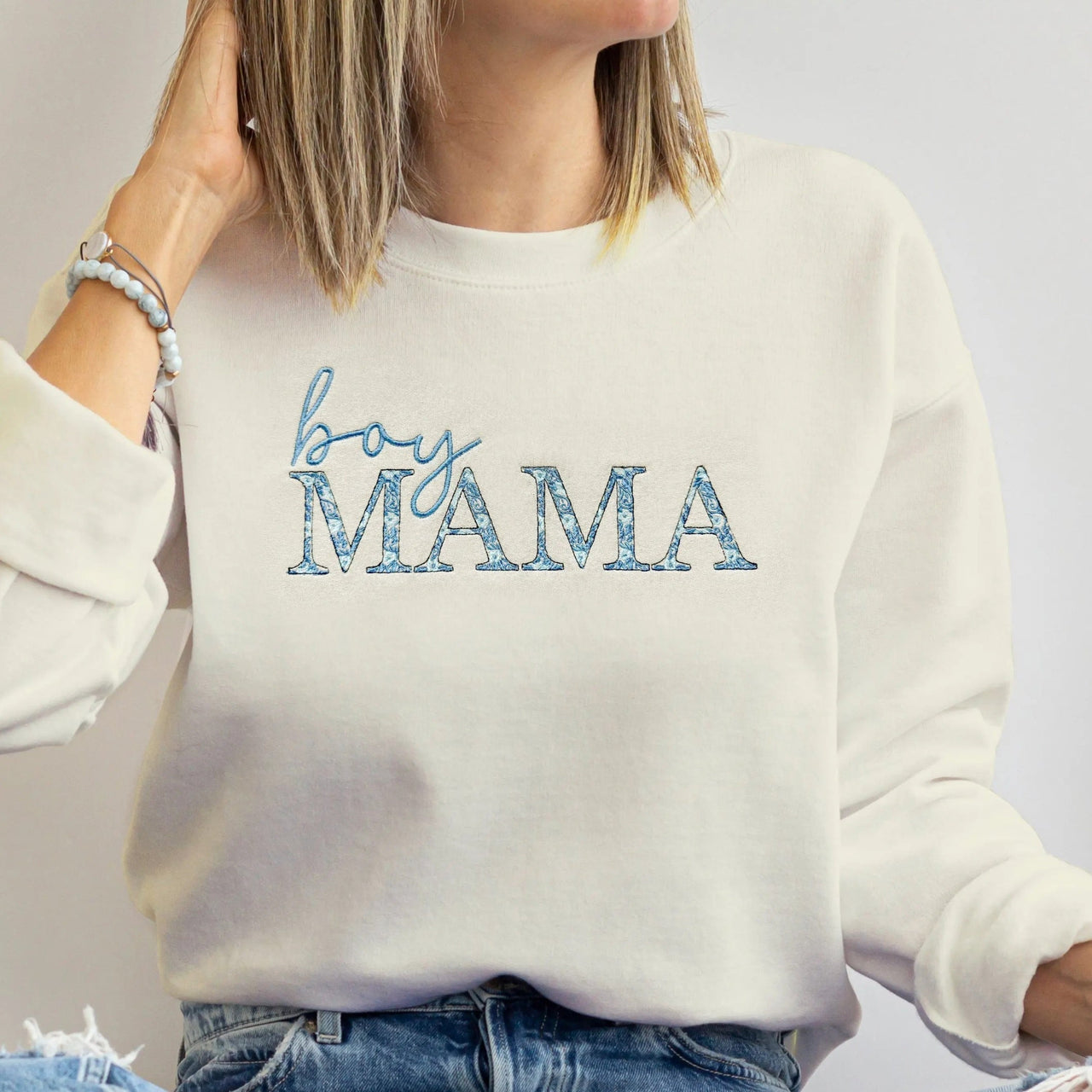 Girl Mama Embroidered Sweatshirt with Floral Pattern Mama Sweatshirt Embroidered for Girl Mom Sweatshirt with Chinoiserie Pattern