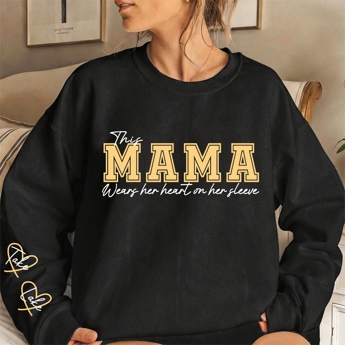 This Mama Wears Her Heart on Her Sleeve – Personalized Print Mama Sweatshirt with Kids’ Names | for Mom Mother's Day Gift