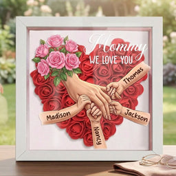 "Pink Roses"-Personalized Mom Holding Hands  Shadow Box-Mother's Day Remembrance Frame, In Loving Memory Gift
