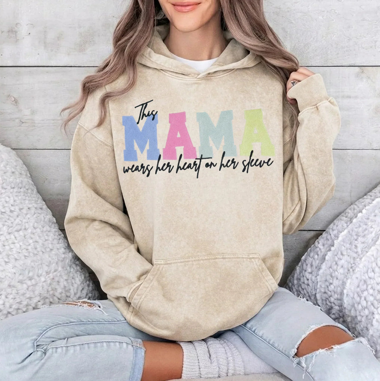 Custom Embroidered Heart on Sleeve Personalized Mommy/Grandma Washed Sweatshirt | Mother's Day Gift for Mom & Grandma